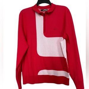 J.Lindeberg Red Davis Knitted Zip-Neck Sweater with White Graphic Panel Mens M